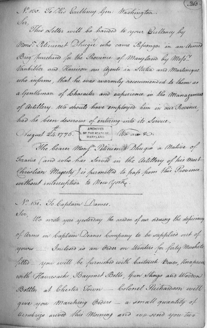 Image of the letterbook copy of a letter sent to George Washington on  August 24, 1776