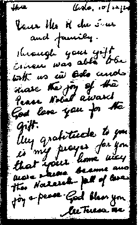 Letter from Mother Theresa to Judge DuFour