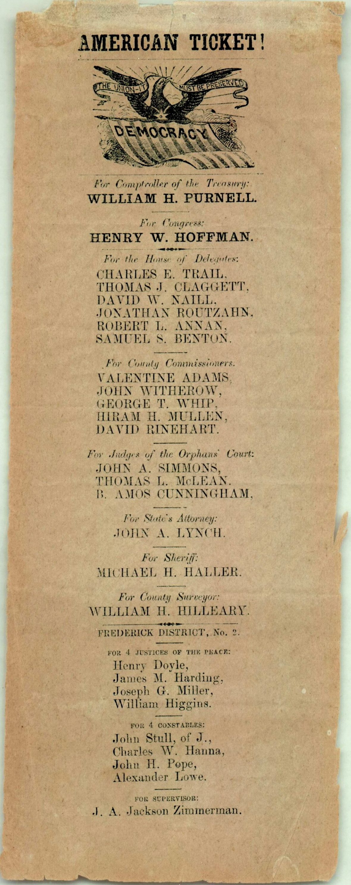American Party election ticke featuring Charles E. Trial for House of Delegates, 1856