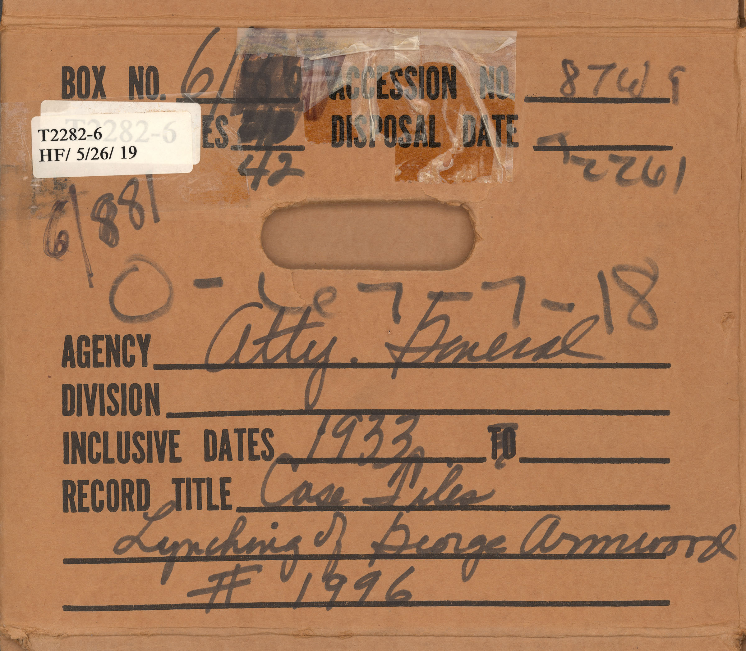 box in which George Armwood Attorney General Files found, 1933