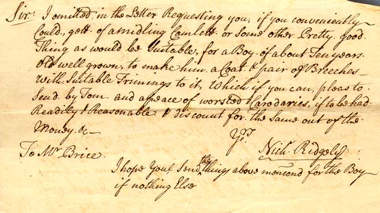 Note form Nicholas Ridgley asking for fabric for a boy's clothes, MSA SC 4885-1-45