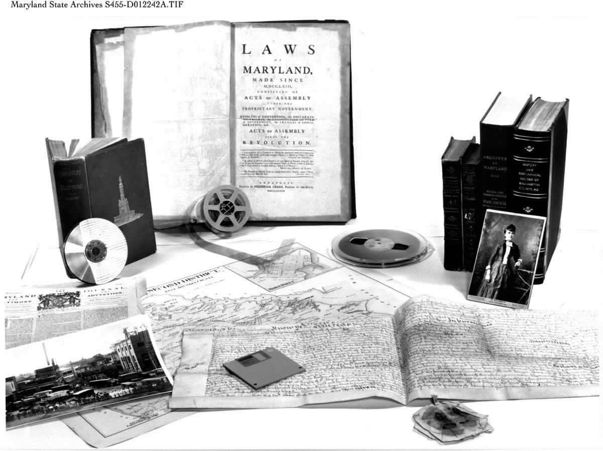 photo of archival documents, books and archival storage devices